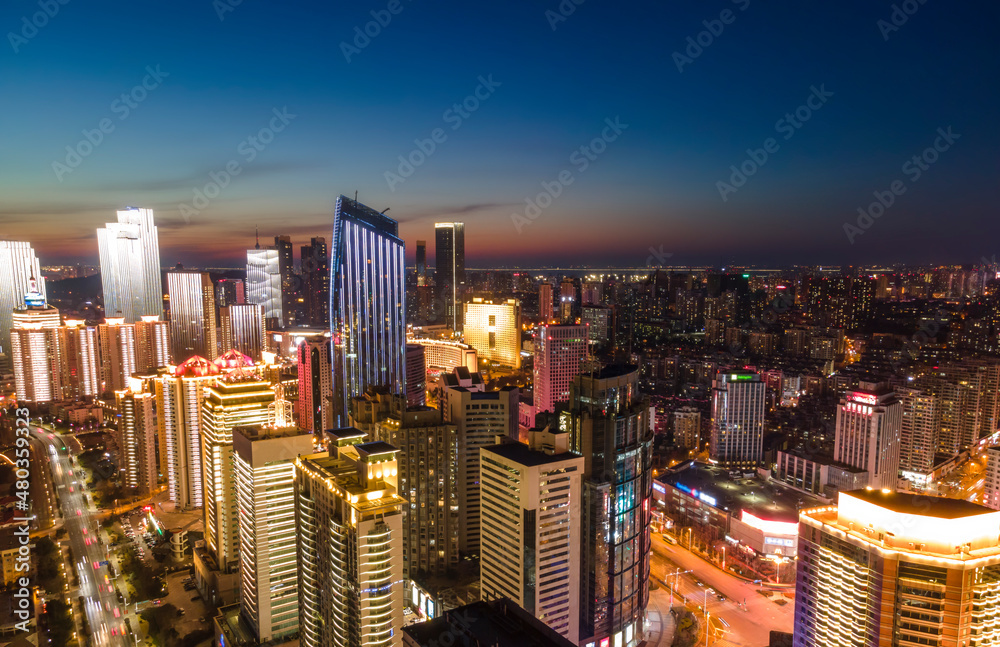 中国青岛现代城市建筑航拍夜景