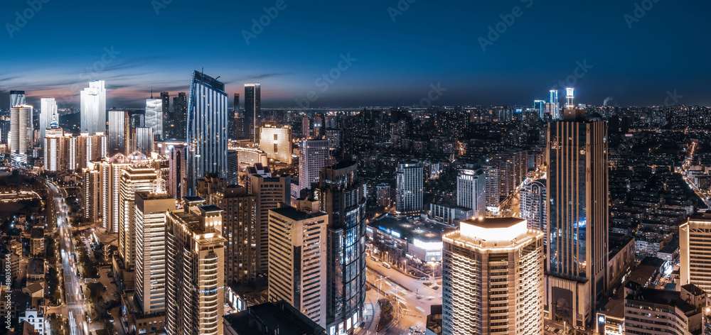 中国青岛现代城市建筑航拍夜景