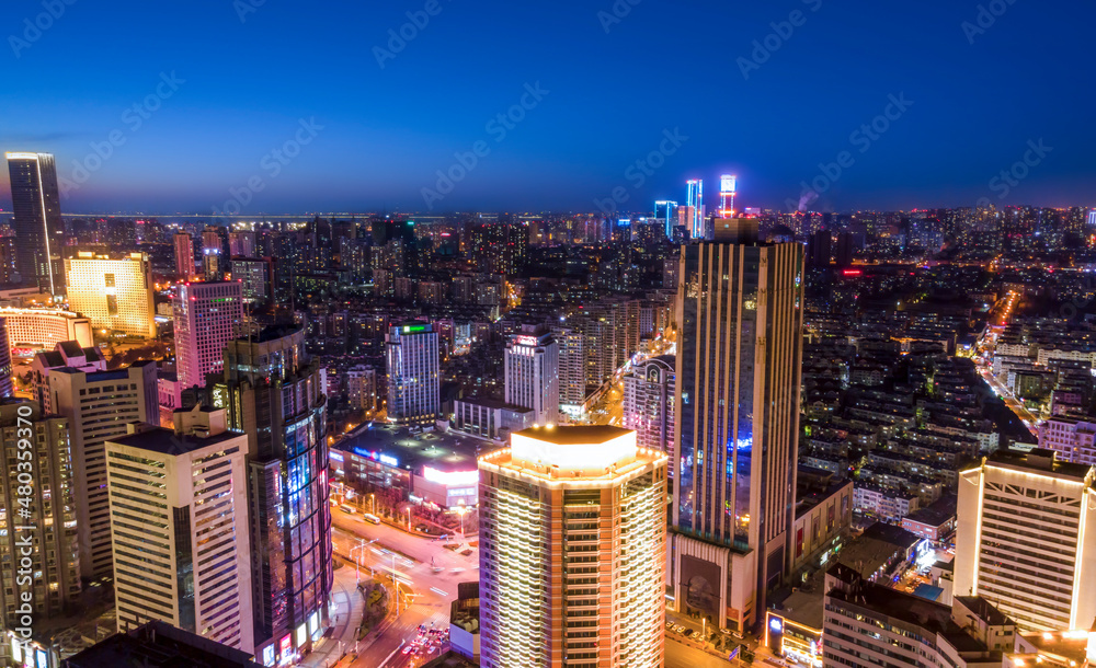 中国青岛现代城市建筑航拍夜景