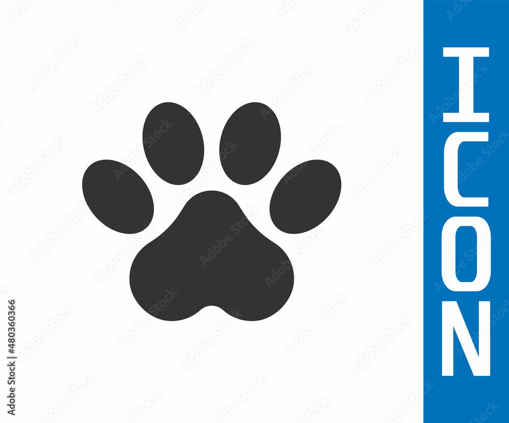 Grey Paw print icon isolated on white background. Dog or cat paw print. Animal track. Vector