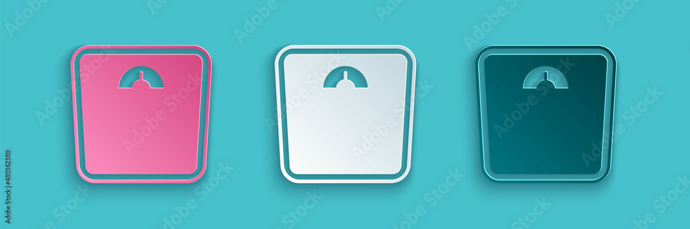 Paper cut Bathroom scales icon isolated on blue background. Weight measure Equipment. Weight Scale f