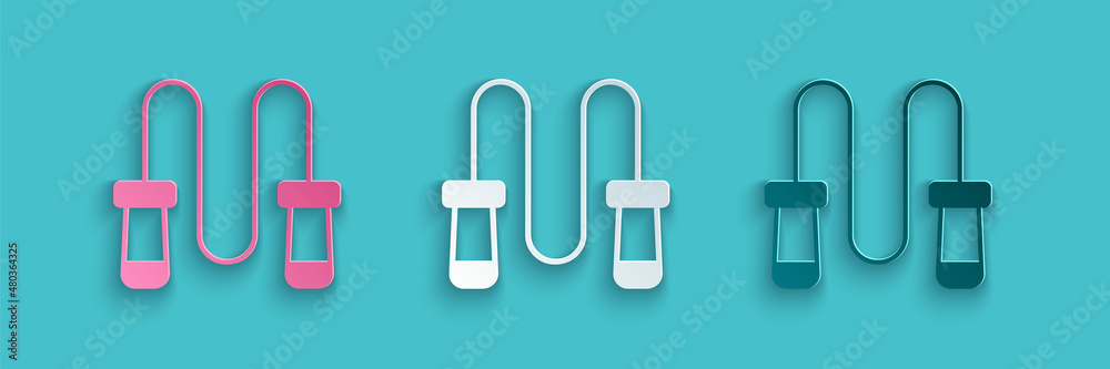 Paper cut Jump rope icon isolated on blue background. Skipping rope. Sport equipment. Paper art styl