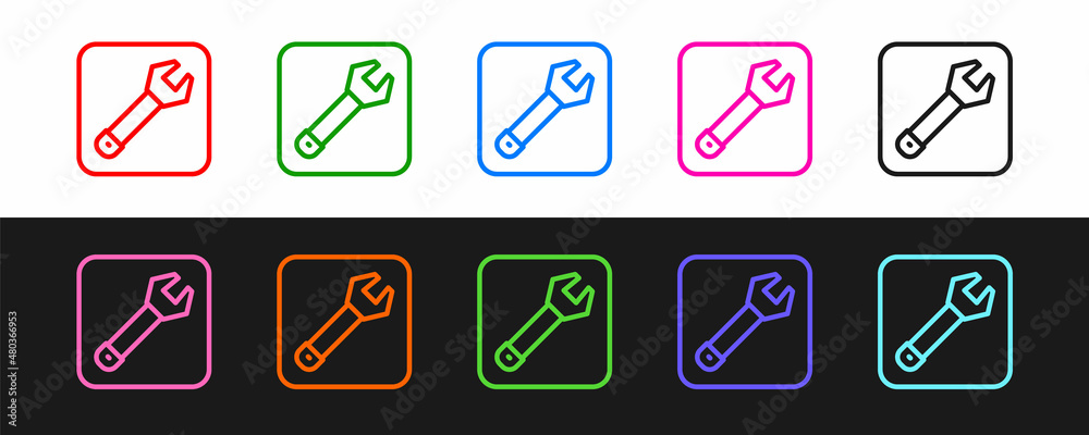 Set line Wrench spanner icon isolated on black and white background. Spanner repair tool. Service to