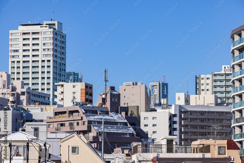 東京の街に降り積もった雪と綺麗な青空