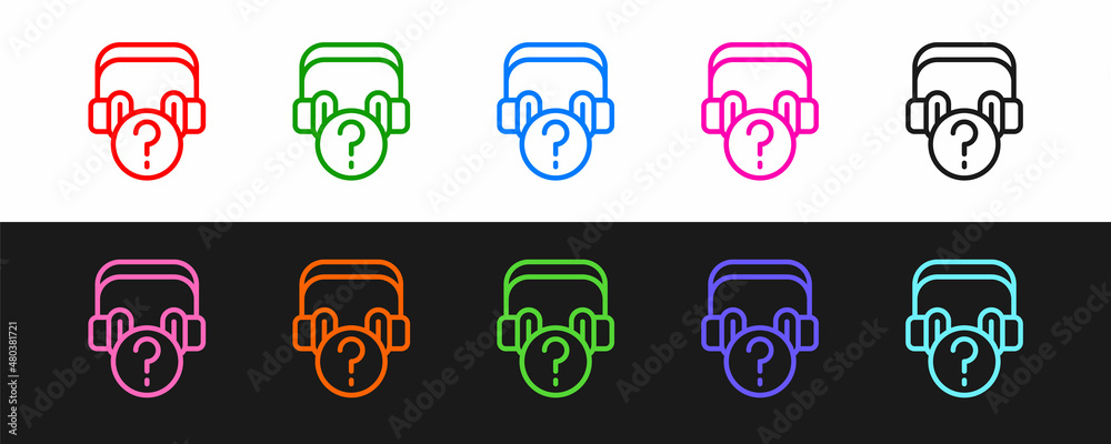 Set line Headphones with question icon isolated on black and white background. Support customer serv