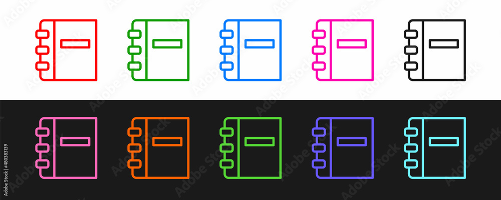将笔记本图标设置为黑白背景。螺旋形笔记本图标。学校笔记本。