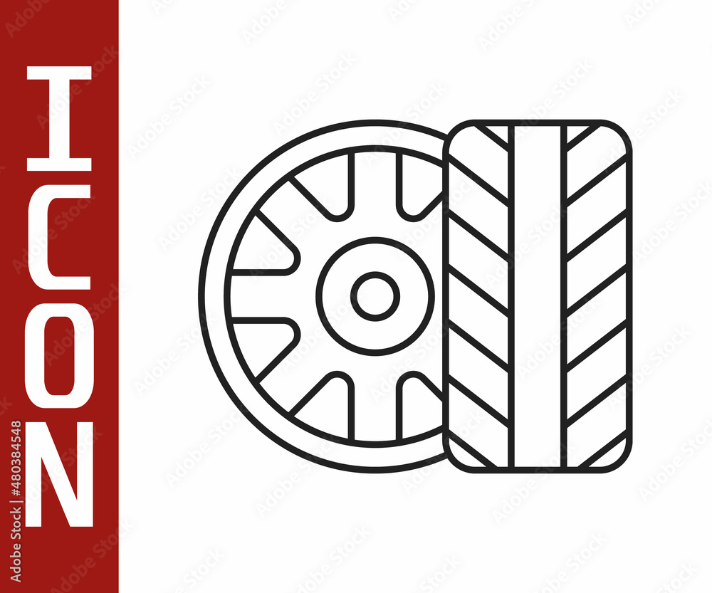 Black line Car tire wheel icon isolated on white background. Vector