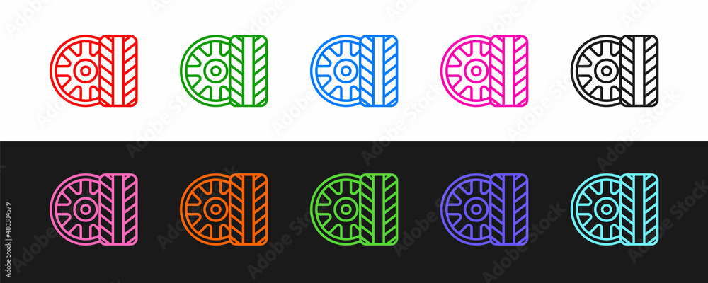 Set line Car tire wheel icon isolated on black and white background. Vector