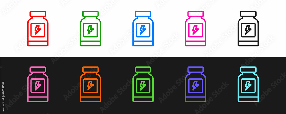 Set line Energy drink icon isolated on black and white background. Vector