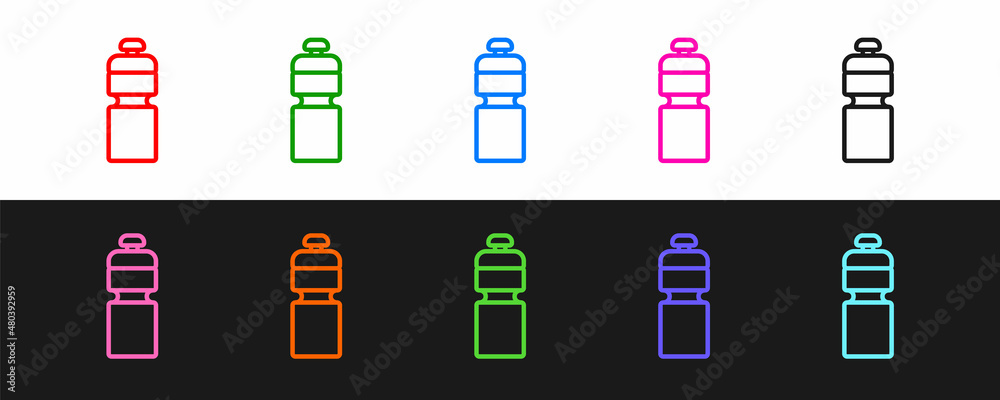 Set line Fitness shaker icon isolated on black and white background. Sports shaker bottle with lid f