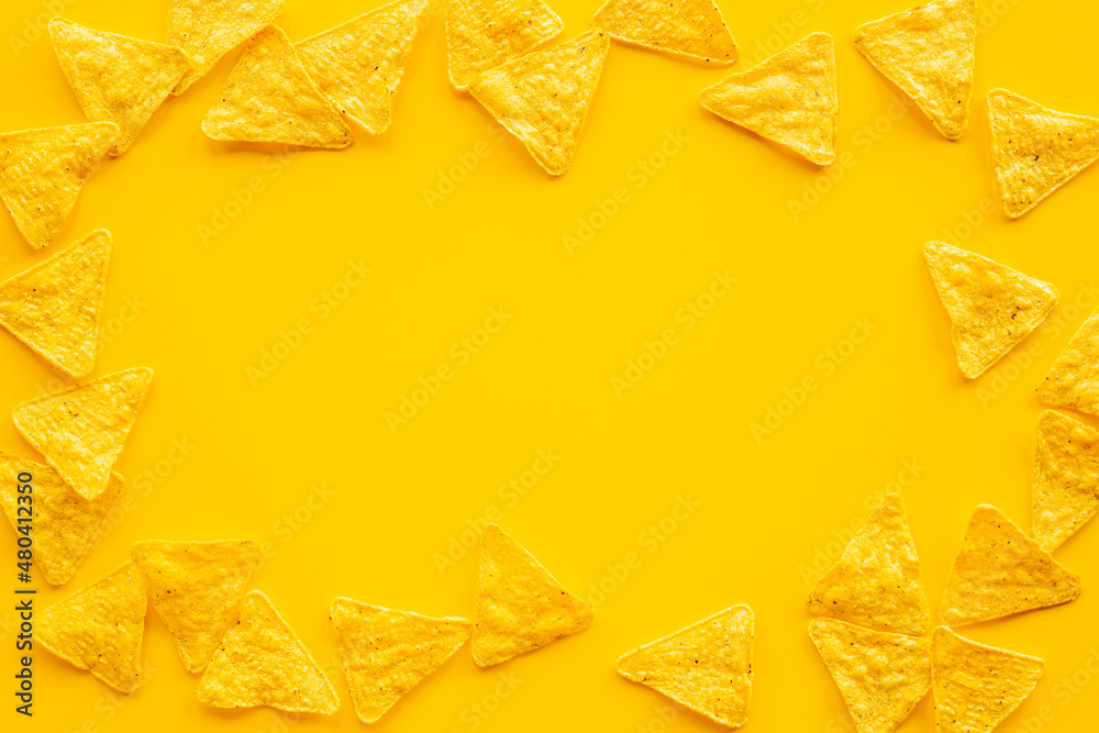 Pattern flat lay food - nachos chips. Snacks for party