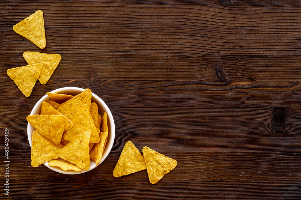 Mexican food nachos chips in bowl top view