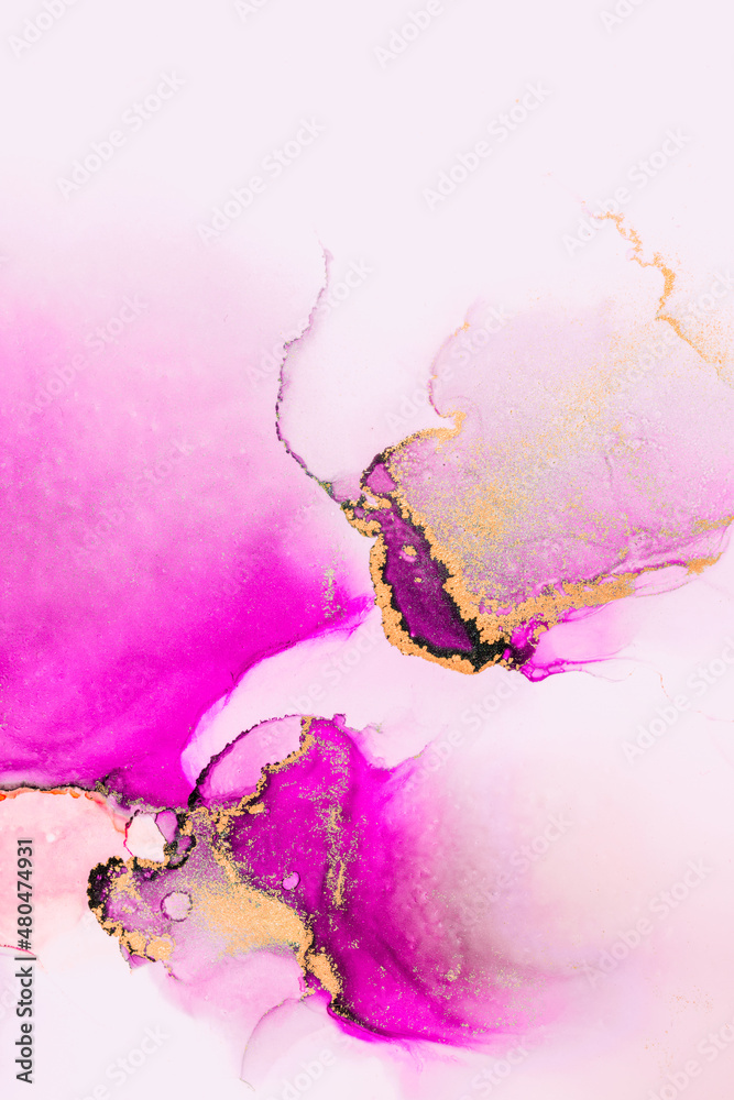 Pink gold abstract background of marble liquid ink art painting on paper . Image of original artwork