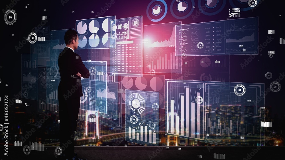 Big Data Technology for Business Finance Analytic conceptual. Modern graphic interface shows massive