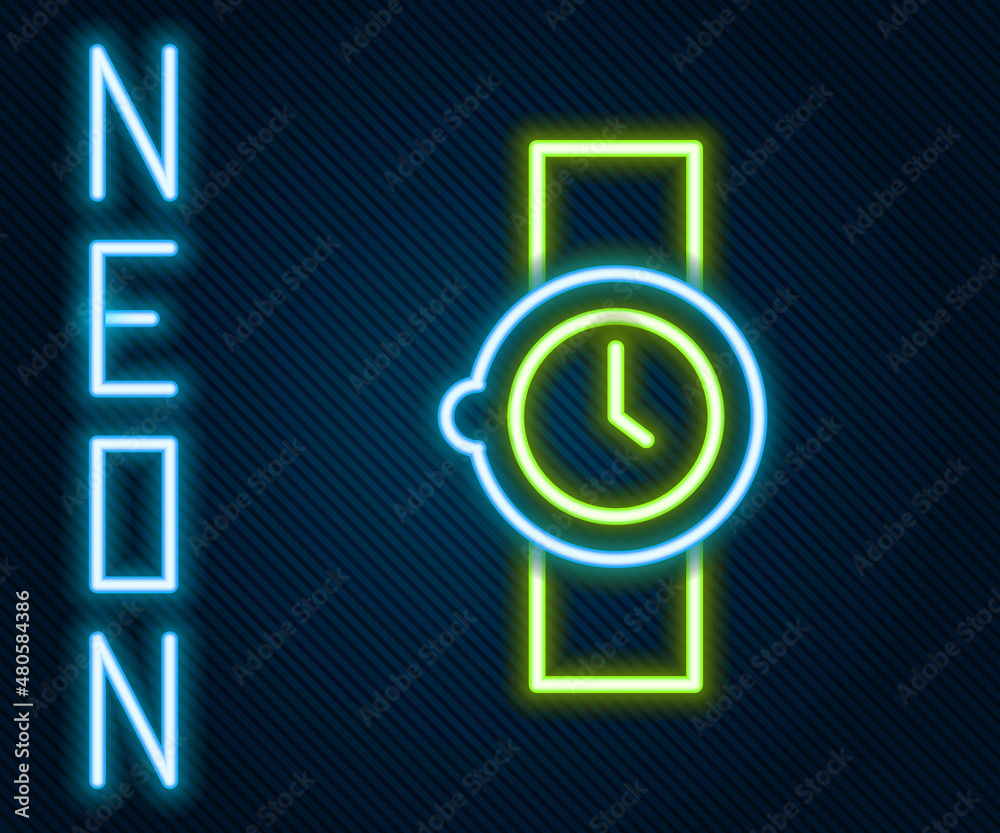 Glowing neon line Wrist watch icon isolated on black background. Wristwatch icon. Colorful outline c