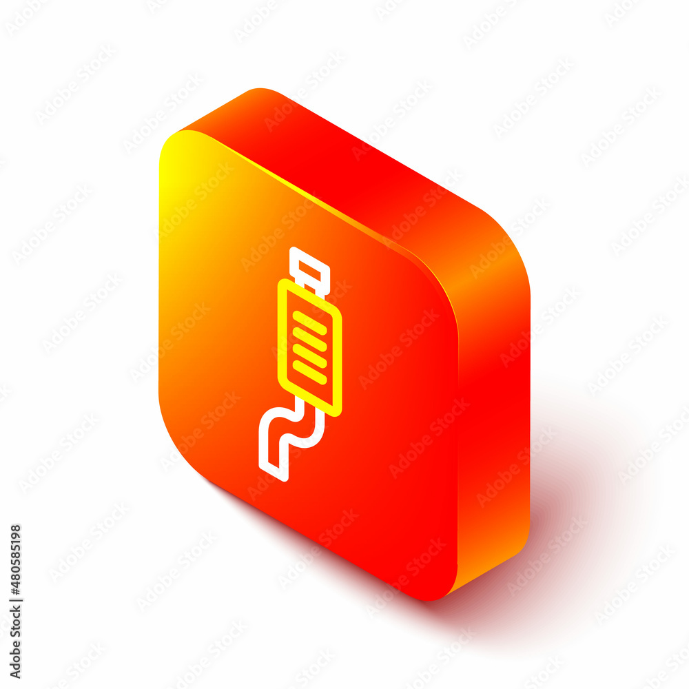 Isometric line Car muffler icon isolated on white background. Exhaust pipe. Orange square button. Ve