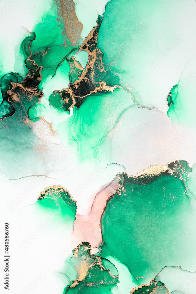 Green gold abstract background of marble liquid ink art painting on paper . Image of original artwor