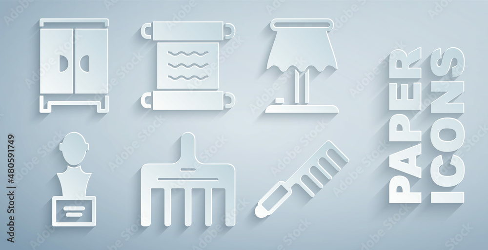 Set Hairbrush, Table lamp, Gypsum head sculpture bust, Papyrus scroll and Wardrobe icon. Vector