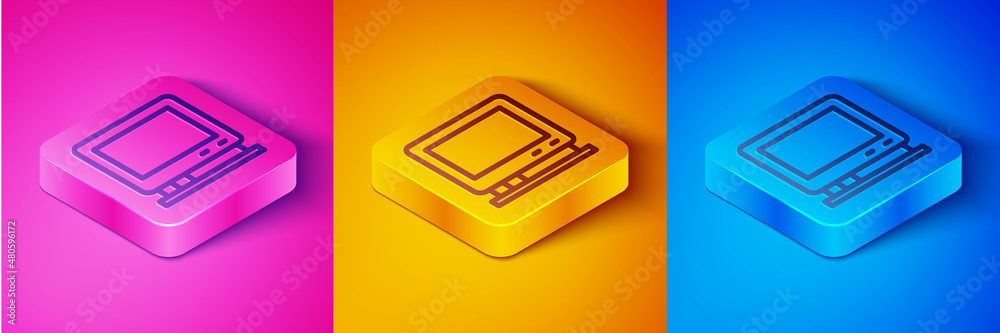 Isometric line Retro tv icon isolated on pink and orange, blue background. Television sign. Square b