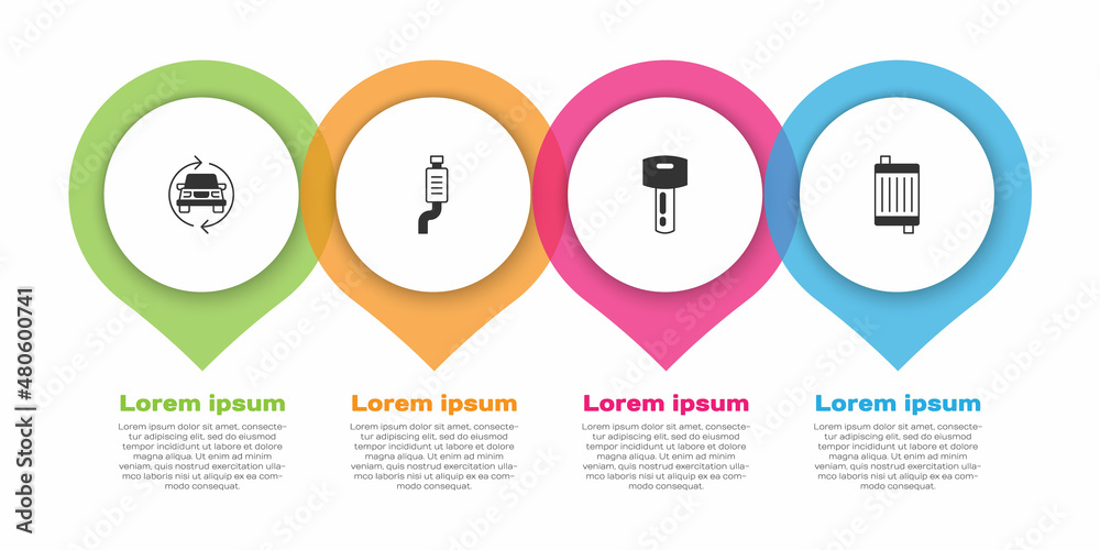 设置汽车服务、消音器、带遥控器的钥匙和散热器冷却系统。商业信息图模板