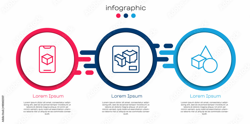 Set line 3D打印机软件和基本几何形状。商业信息图模板。Vector
