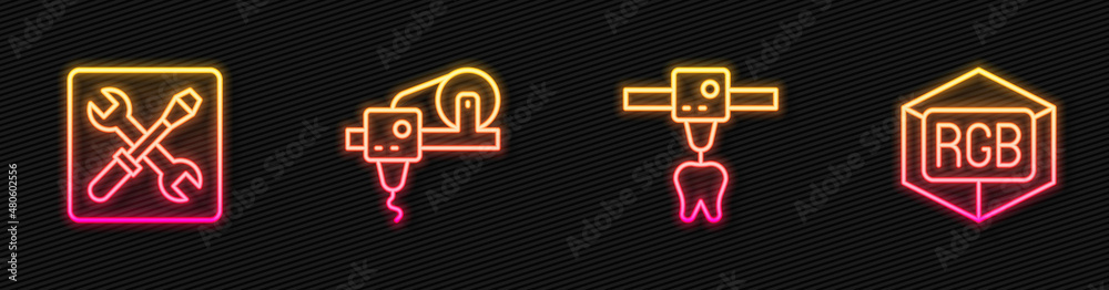 Set line 3D printer tooth, setting, and RGB and CMYK color mixing. Glowing neon icon. Vector