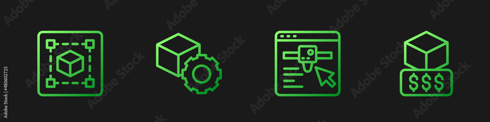 Set line 3D printer setting, Geometric figure Cube, Isometric cube and services. Gradient color icon