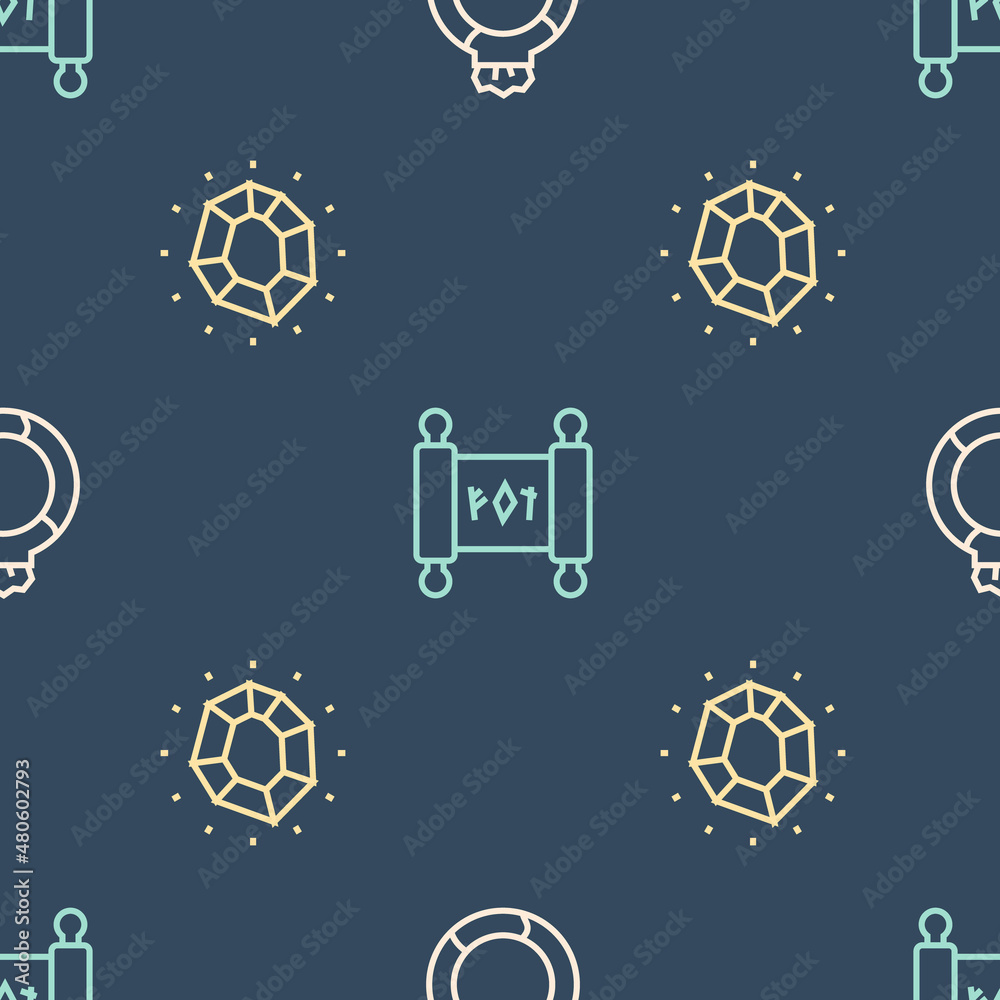 Set line Magic stone ring with gem, and scroll on seamless pattern. Vector