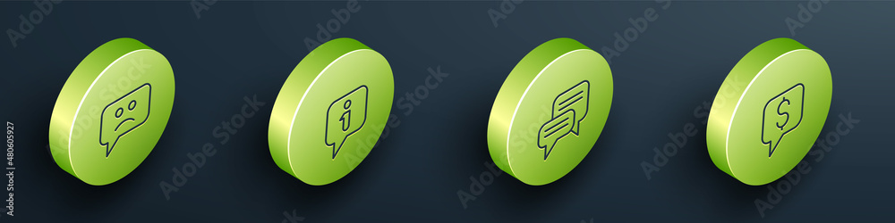 Set Isometric line Sad smile, Information, Speech bubble chat and Paid support icon. Vector