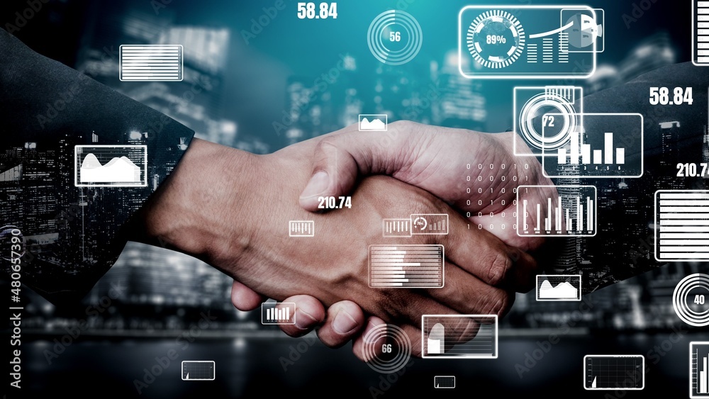 Conceptual business handshake with dashboard for financial data analysis . 3D render computer graphi