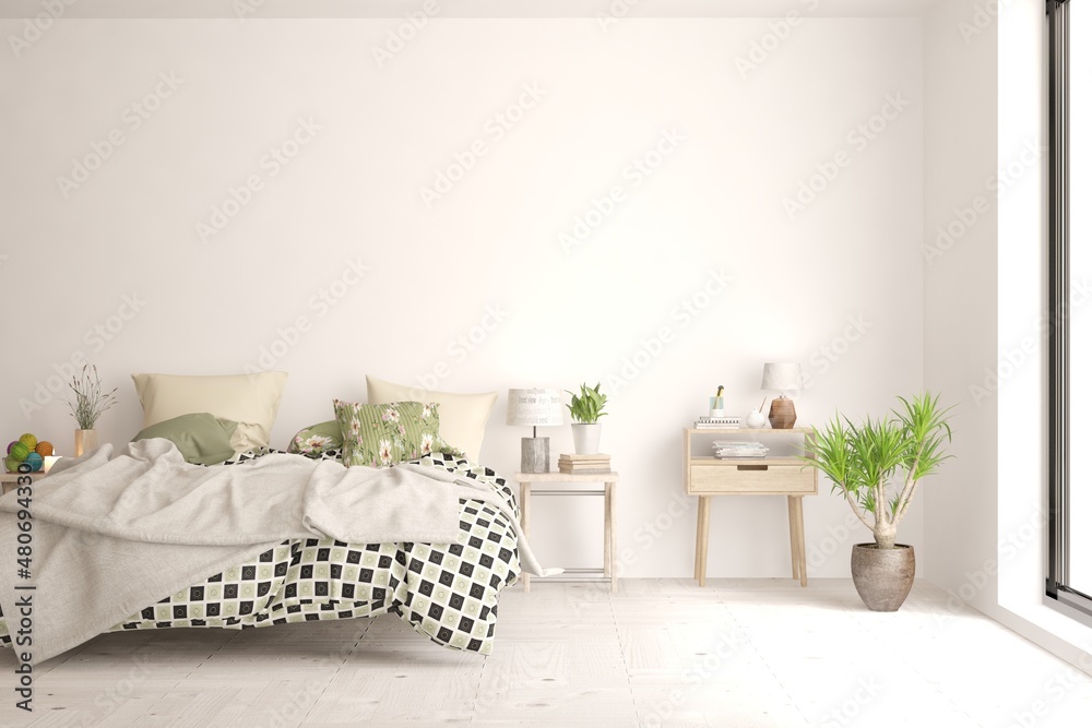 Soft color bedroom interior. Scandinavian design. 3D illustration