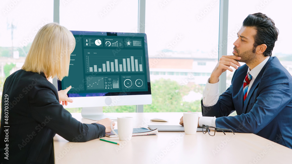 Business data dashboard analysis by ingenious computer software . Investment application display bus