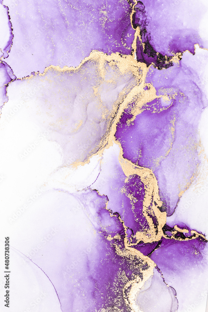 Purple gold abstract background of marble liquid ink art painting on paper . Image of original artwo