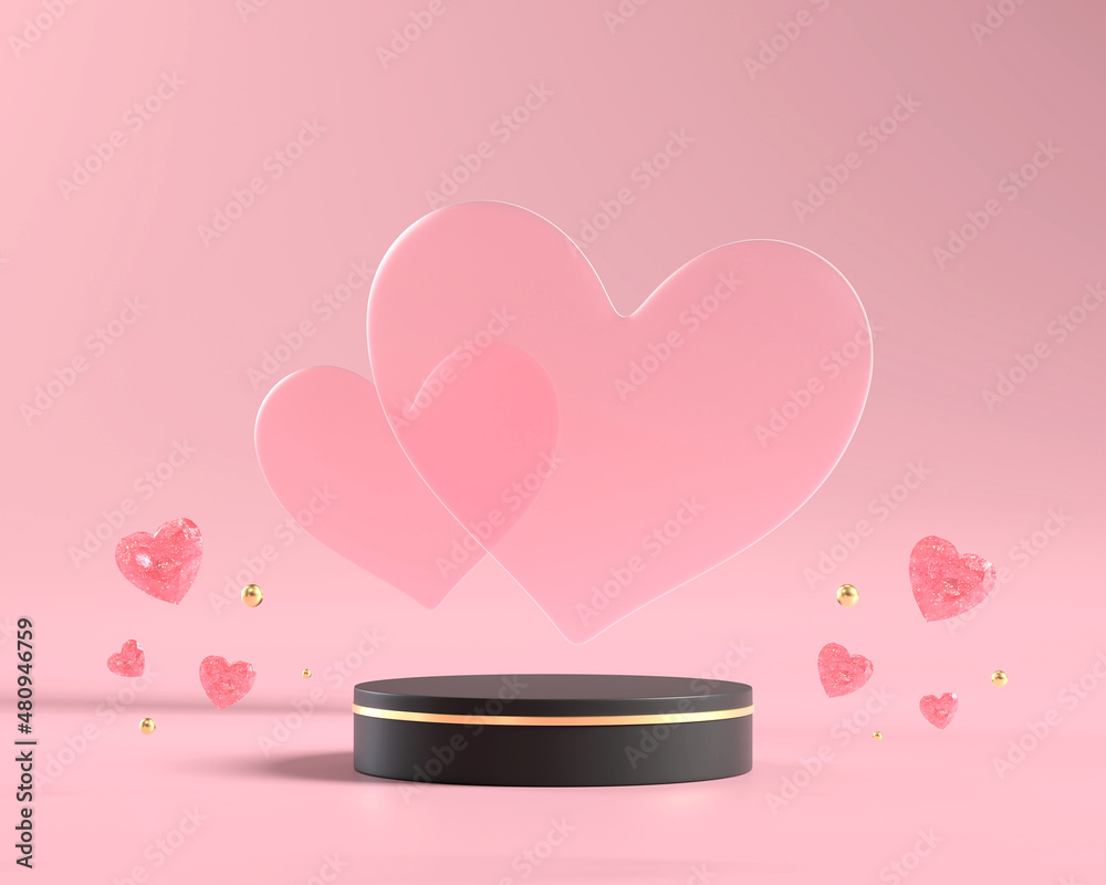 Valentines day stage podium mock up with hearts product display showcase 3d render