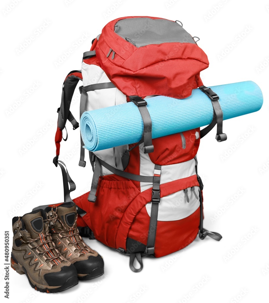 Hiking equipment, rucksack, boots and slipping pad