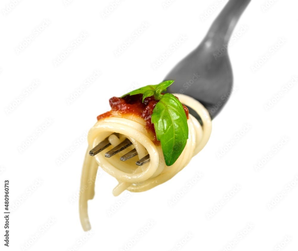 Twirled Pasta on metal fork