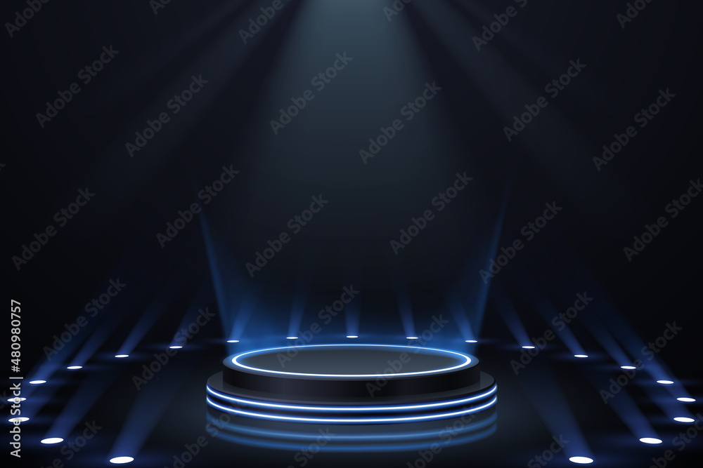 Abstract black podium with blue light effects