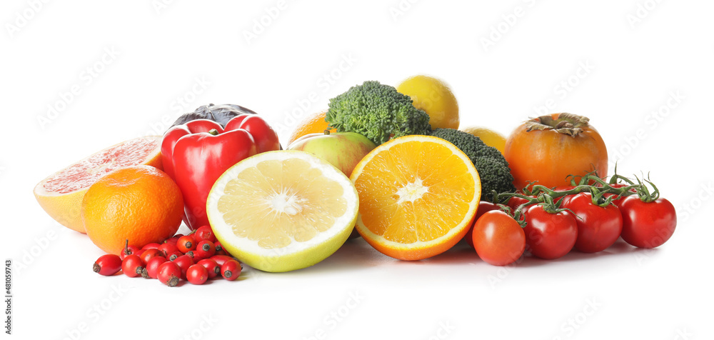 Different healthy products on white background