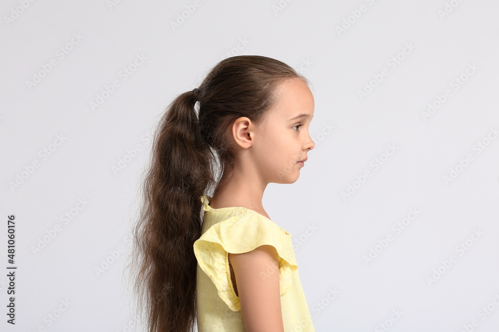 Cute little girl with ponytail on white background