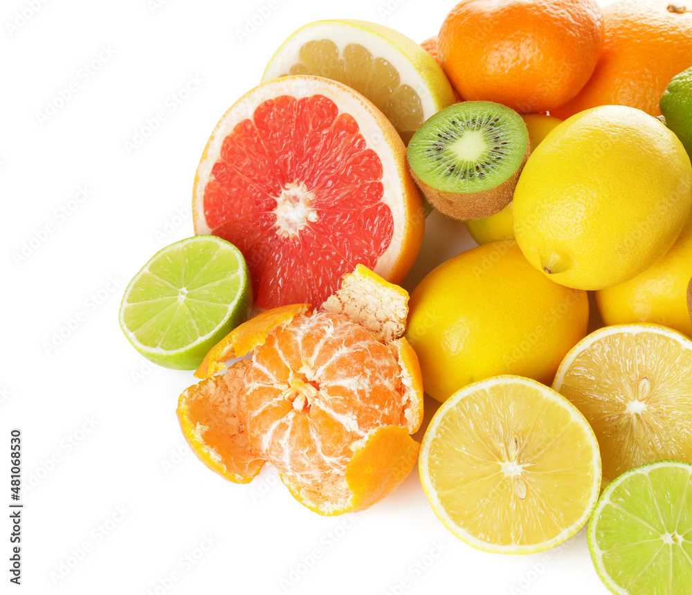 Different healthy citrus fruits on white background