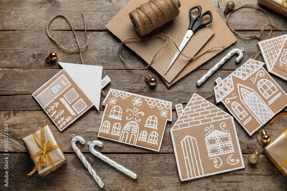 Beautiful handmade Christmas toys on wooden background