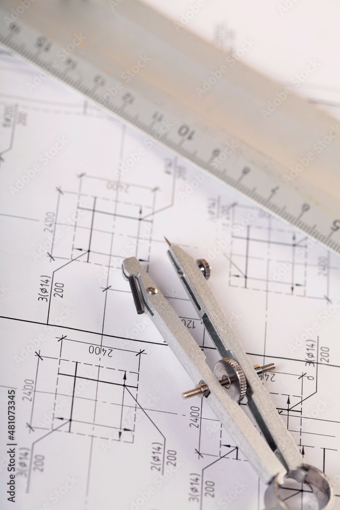 Drafting Tools On Construction Plan Close-up