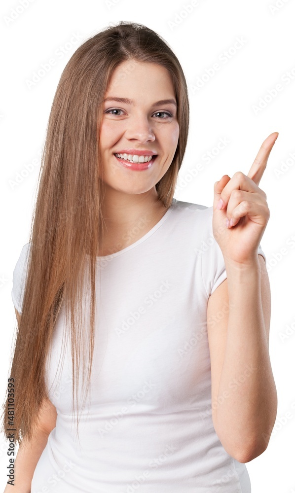 A Woman pointing up with her finger