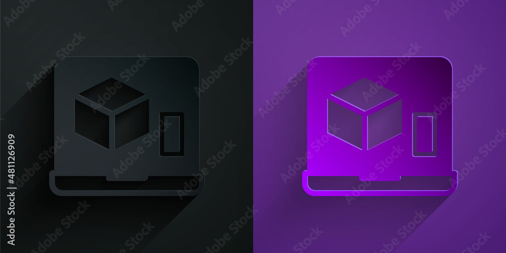 Paper cut 3D printer icon isolated on black on purple background. 3d printing. Paper art style. Vect