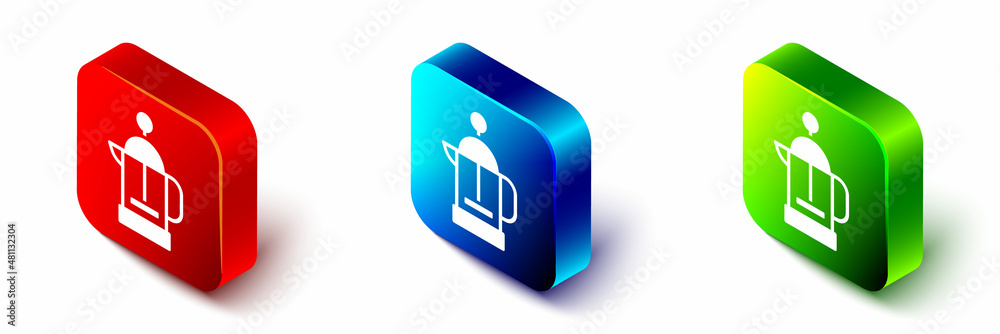 Isometric French press icon isolated on white background. Red, blue and green square button. Vector