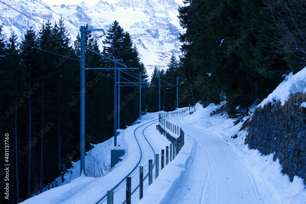 Winding railway tracks of Lauterbrunnen Mürren Mountain Railway BLM between station Grütschalp and M