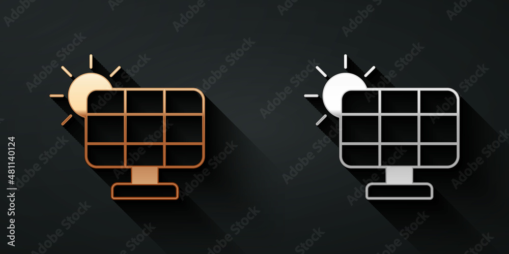 Gold and silver Solar energy panel icon isolated on black background. Long shadow style. Vector