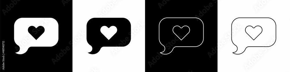 Set Heart in speech bubble icon isolated on black and white background. Happy Valentines day. Vector