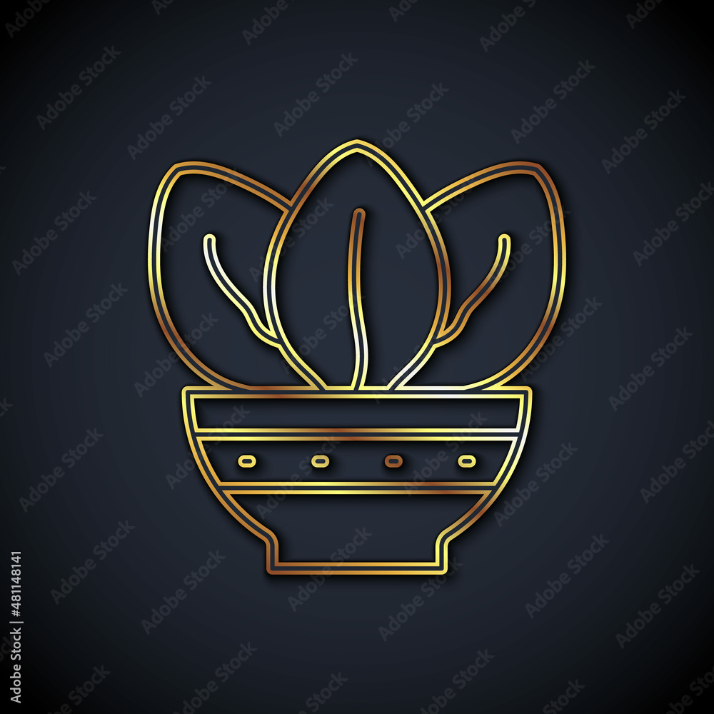 Gold line Plant in pot icon isolated on black background. Plant growing in a pot. Potted plant sign.