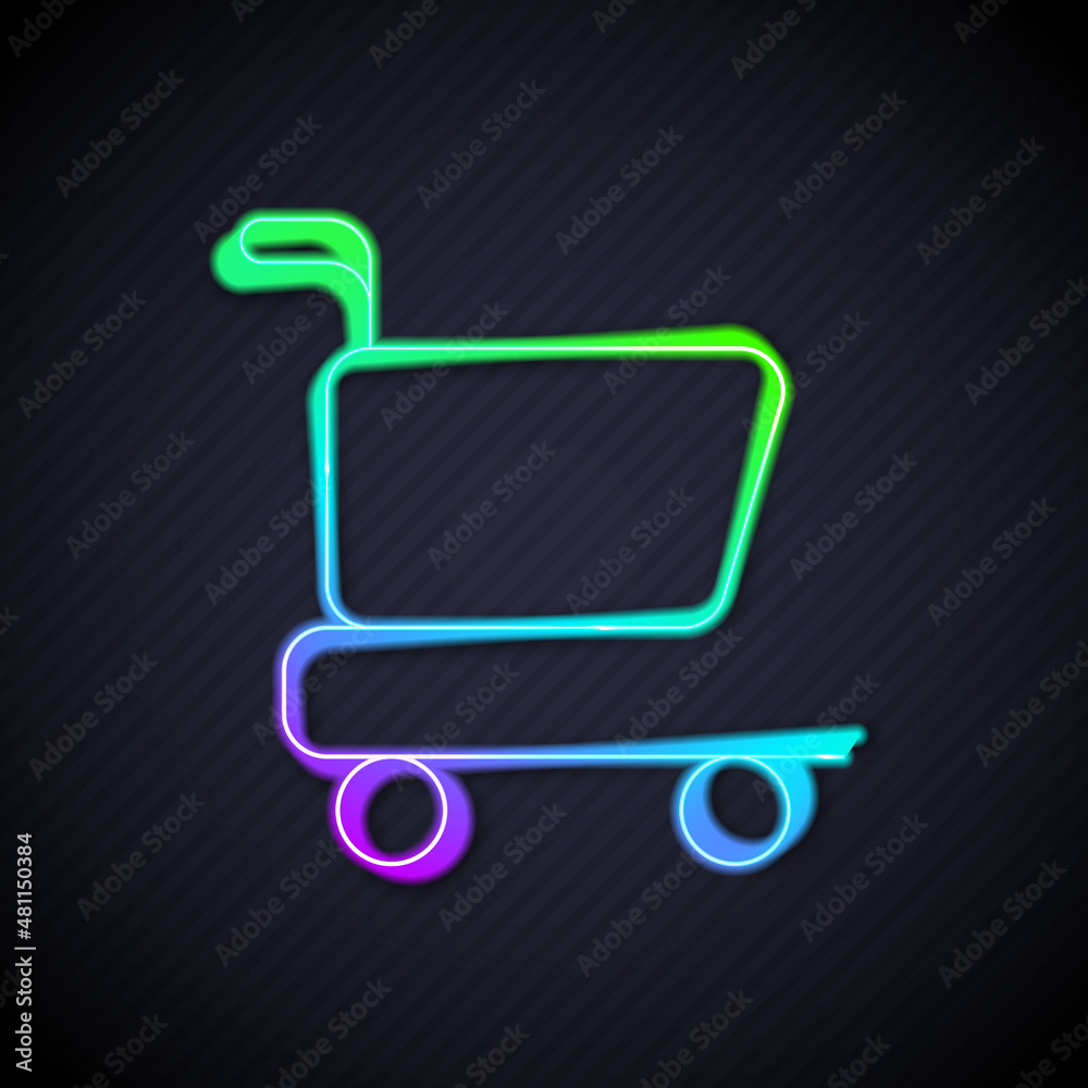 Glowing neon line Shopping cart icon isolated on black background. Online buying concept. Delivery s